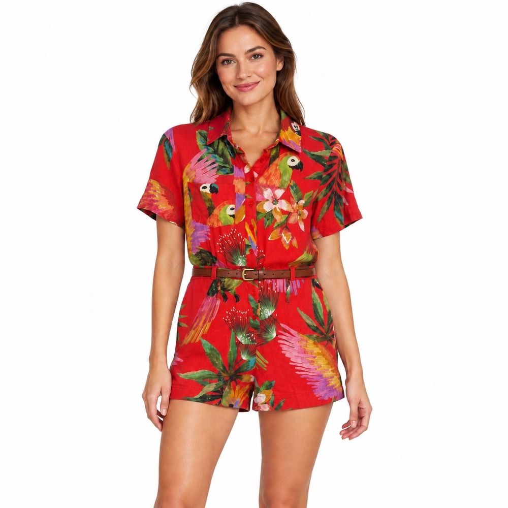 Farm Rio Red Tropical Parrot Linen Blend Short Sleeve Romper Small Button Up